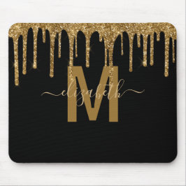 Alfombrilla De Ratón Chic Gold Dripping Glitter Monogram Name