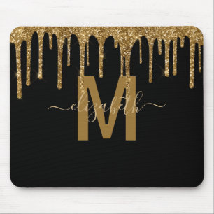 Alfombrilla De Ratón Chic Gold Dripping Glitter Monogram Name