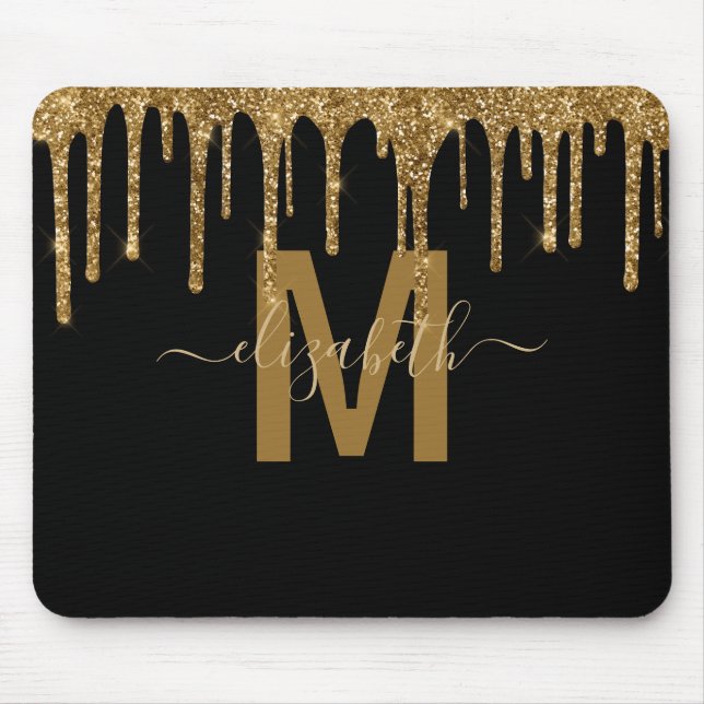 Alfombrilla De Ratón Chic Gold Dripping Glitter Monogram Name (Frente)