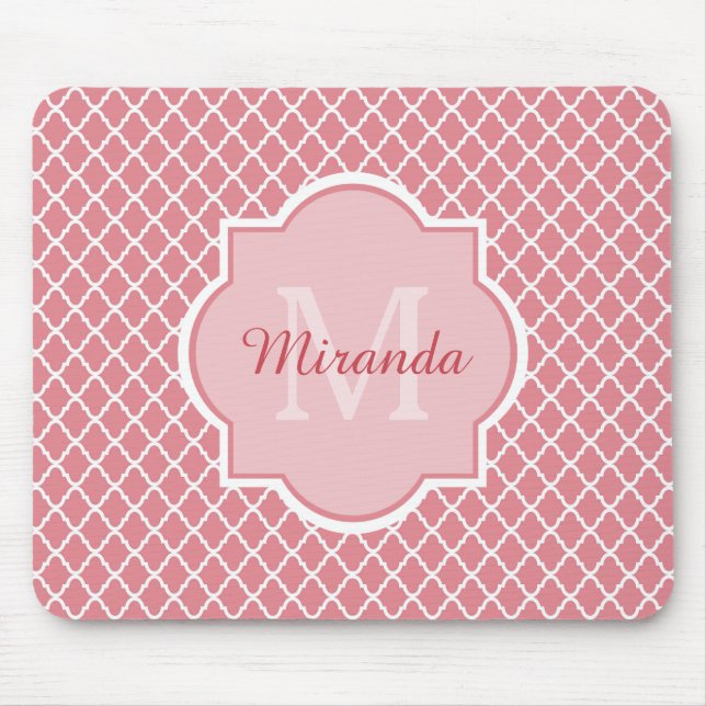 Alfombrilla De Ratón Chic Pink Quatrefoil Monogram With Name (Frente)