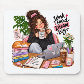 Alfombrilla De Ratón Chica acogedora estudiando con café – Trabaja duro