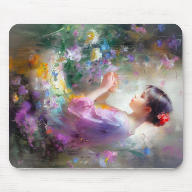 Alfombrilla De Ratón Chica admirando una flor en sus manos (Frente)