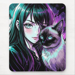 Alfombrilla De Ratón Chica anime bonita y gato siamés