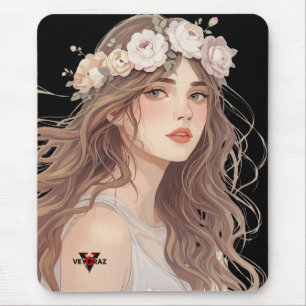 Alfombrilla De Ratón Chica Anime Floral Hermosa – Estética Suave Pastel
