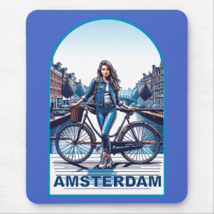 Alfombrilla De Ratón chica de Ámsterdam con bicicleta en el puente