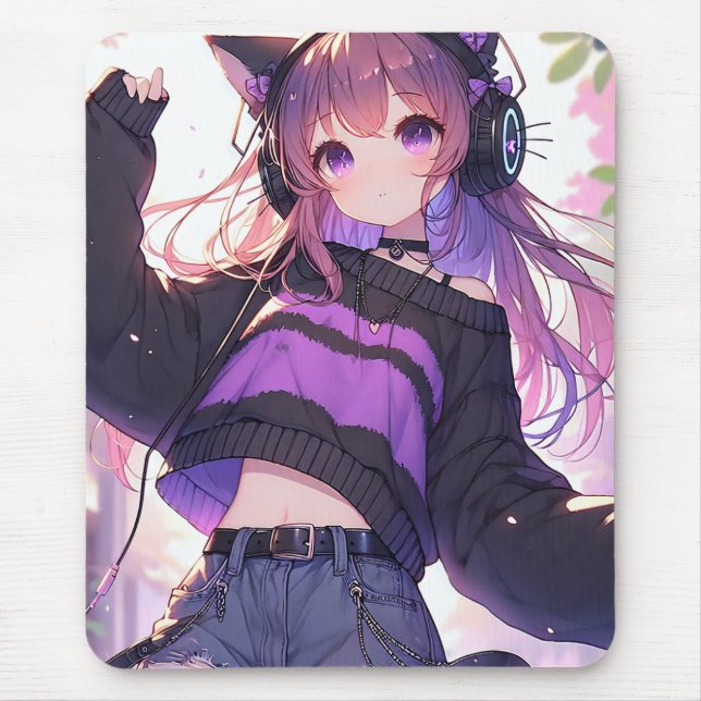 Alfombrilla De Ratón Chica de anime bonito en audífonos con orejas del  (Frente)