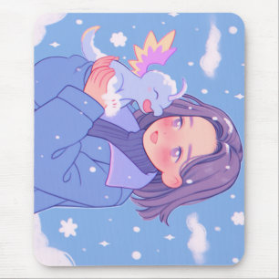Alfombrilla De Ratón Chica de anime de Kawaii con bebé dragón en nieve