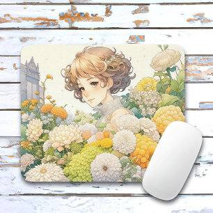 Alfombrilla De Ratón Chica de Anime entre Flores Amarillas 