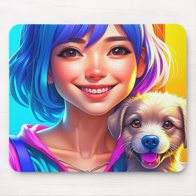 Alfombrilla De Ratón Chica de Anime y Perrito (Frente)