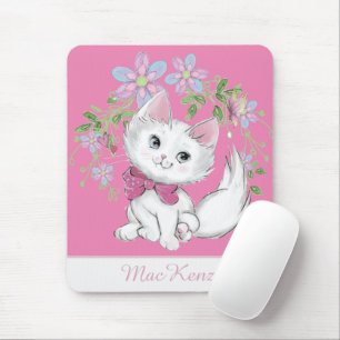 Alfombrilla De Ratón Chica de gatitos y flores rosadas