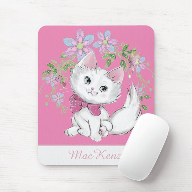 Alfombrilla De Ratón Chica de gatitos y flores rosadas (Con ratón)