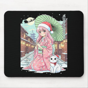 Alfombrilla De Ratón Chica de kimono de anime Navidad Japón Gato Navida