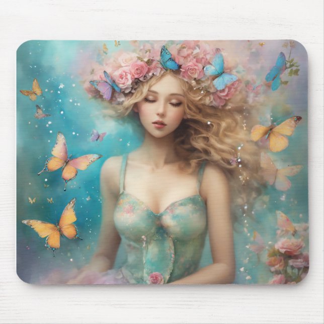 Alfombrilla De Ratón Chica de mariposa encantadora | Magia Fantasy Artw (Frente)