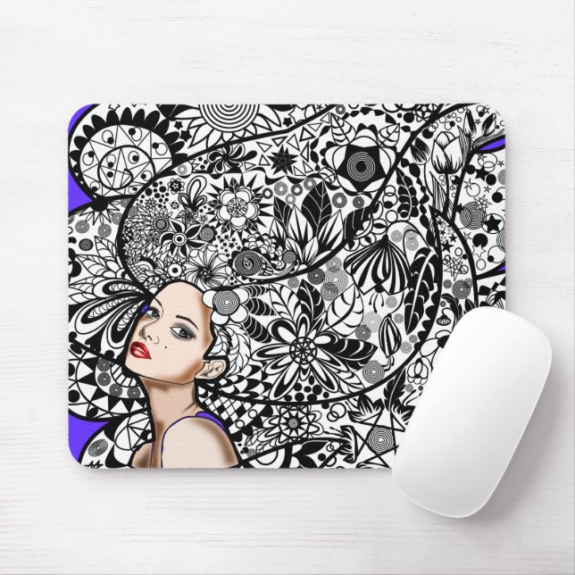 Alfombrilla De Ratón Chica de pelo de flores - Dibujo (Con ratón)