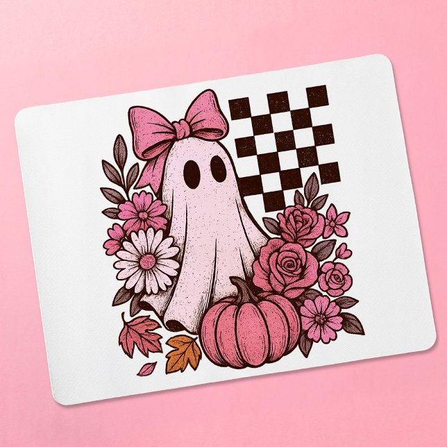 Alfombrilla De Ratón Chica fantasma de coqueta rosa retro con Bow Hallo (This coquette ghost retro Halloween design combines floral sweetness with spooky spirit.)
