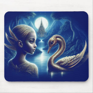 Alfombrilla De Ratón Chica Joven Y Cisne Paisaje Increíble