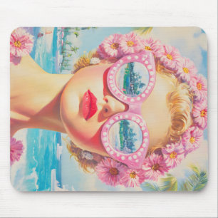 Alfombrilla De Ratón Chica Retro Beach con gafas de sol florales