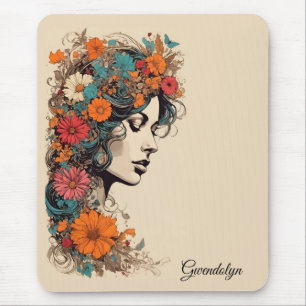 Alfombrilla De Ratón Chica retro con flores en su Mousepad de pelo
