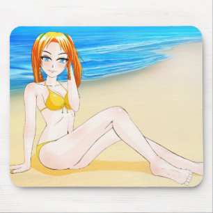 Alfombrilla De Ratón Chica rubio del animado en la playa Mousepad