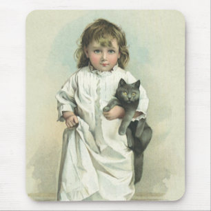 Alfombrilla De Ratón Chica Victoriana Vintage en camisón con su gato
