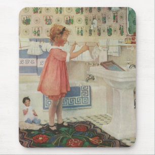 Alfombrilla De Ratón Chica Vintage, Niño Haciendo La Colada Colgando Ro
