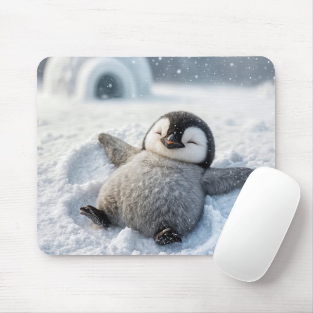 Alfombrilla De Ratón Chick pingüino lindo haciendo un ángel de nieve (Con ratón)