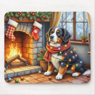 Alfombrilla De Ratón Chimenea con luces de Navidad del perro de montaña