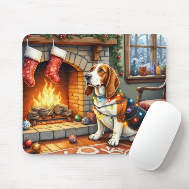 Alfombrilla De Ratón Chimenea de Basset Hound con Luces de Navidad (Con ratón)