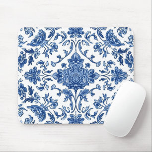 Alfombrilla De Ratón Chinoisería Floral Azul Acuarela Blanca