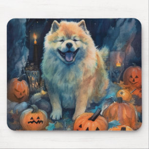 Alfombrilla De Ratón Chow Chow de Halloween con Calabazas Espeluznante