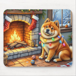 Alfombrilla De Ratón Chow Chow Sentado junto a Chimenea con Luces de Na