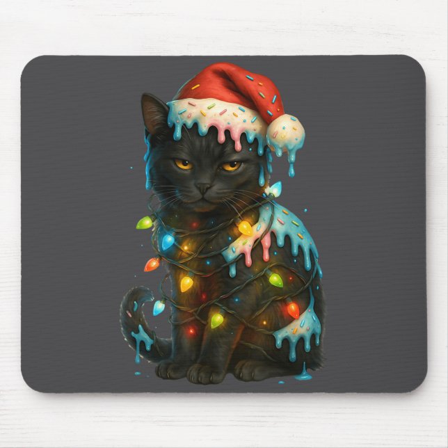 Alfombrilla De Ratón Christmas Black Cat Ice Cream Drip Santa Hat Cute  (Frente)