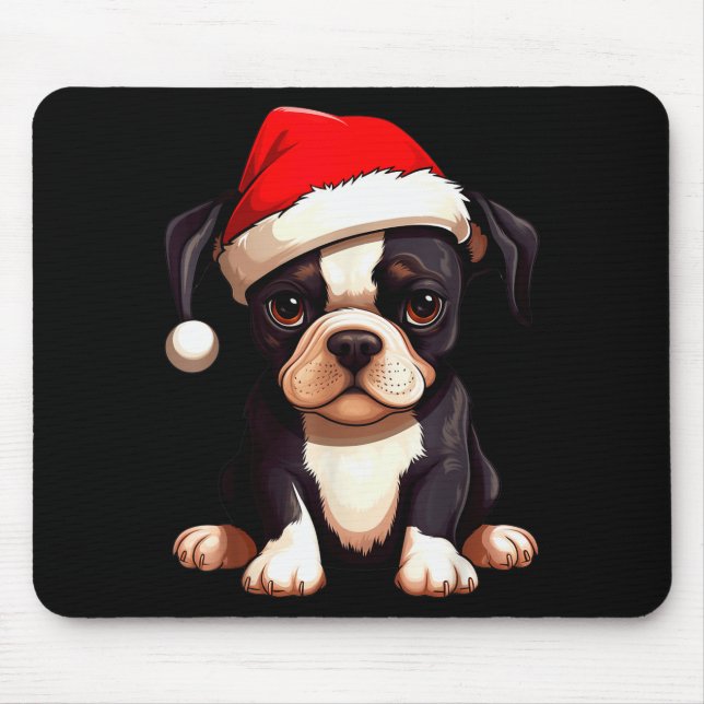 Alfombrilla De Ratón Christmas Boston Terrier Dog Santa Hat Funny Xmas  (Frente)