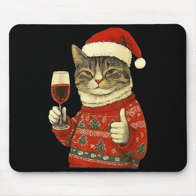 Alfombrilla De Ratón Christmas Cat Likes Cute Cat Drinking Wine With Sa (Frente)