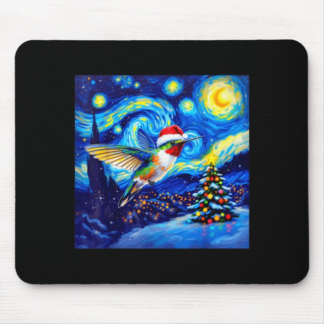 Alfombrilla De Ratón Christmas Hummingbird Santa Hat Van Gogh Starry Ni (Frente)