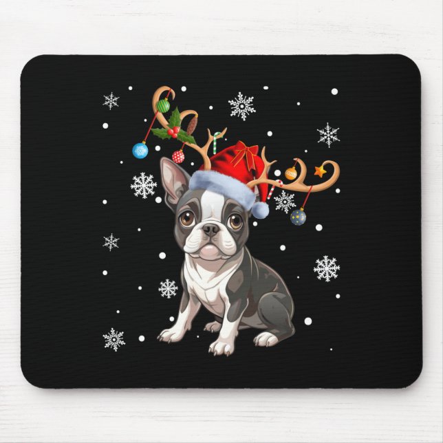 Alfombrilla De Ratón Christmas Light Reindeer Santa Hat Boston Terrier  (Frente)