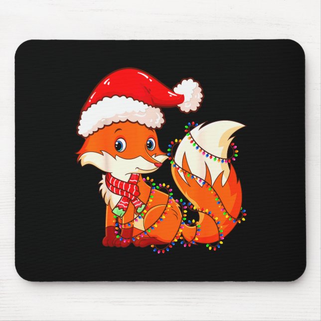 Alfombrilla De Ratón Christmas Lights Fox Wearing Xmas Hat - Cute Funny (Frente)