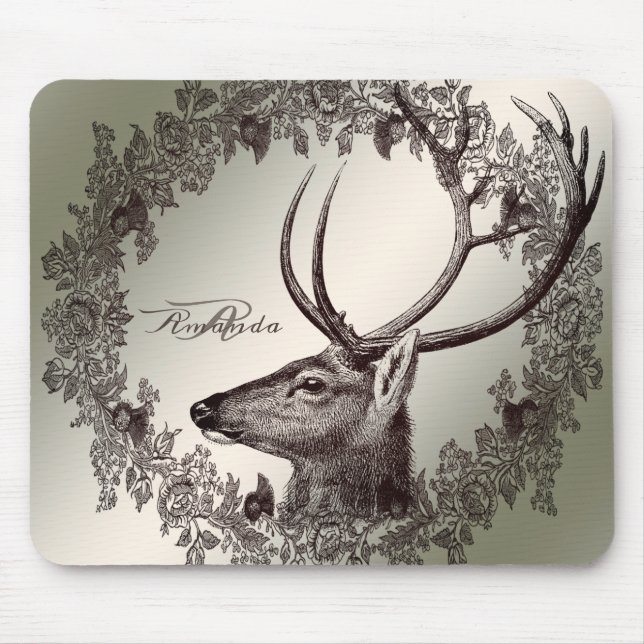 Alfombrilla De Ratón Christmas Monogram Floral Reindeer Golden Winter (Frente)