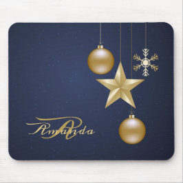 Alfombrilla De Ratón Christmas Monogram Golden Ornaments Navy Blue