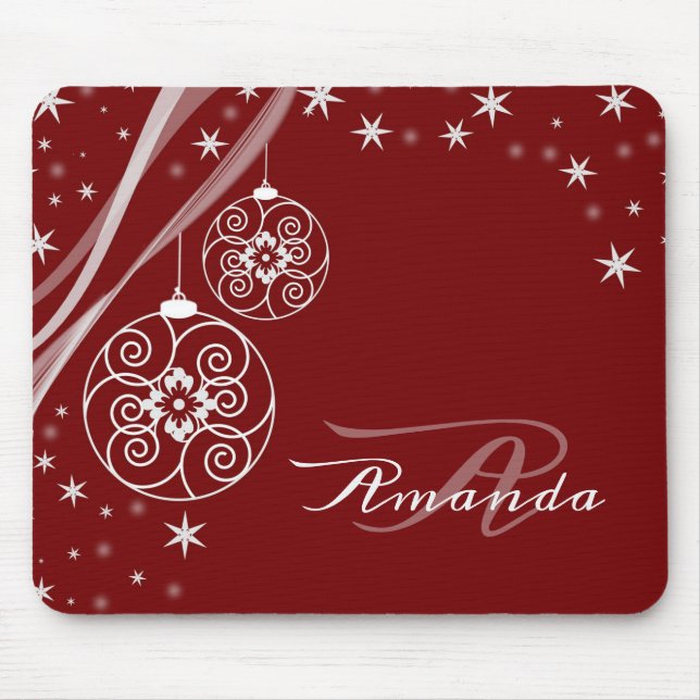 Alfombrilla De Ratón Christmas Monogram White Ornaments Red Elegant (Frente)
