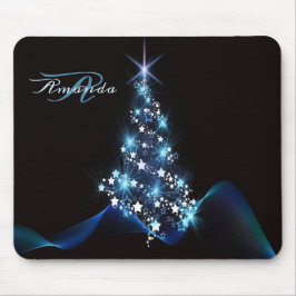 Alfombrilla De Ratón Christmas Party Blue Tree Shiny Black Elegant