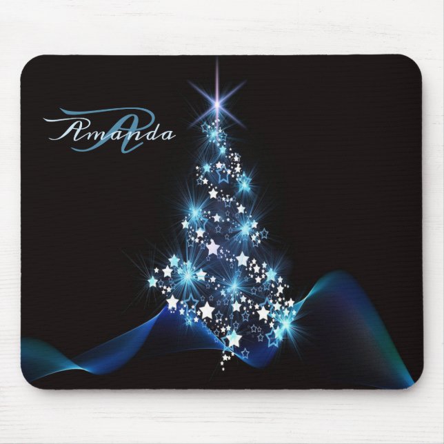 Alfombrilla De Ratón Christmas Party Blue Tree Shiny Black Elegant (Frente)