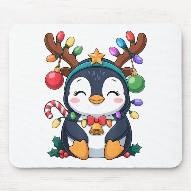 Alfombrilla De Ratón Christmas Penguin Reindeer Lights Holiday Animal K (Frente)