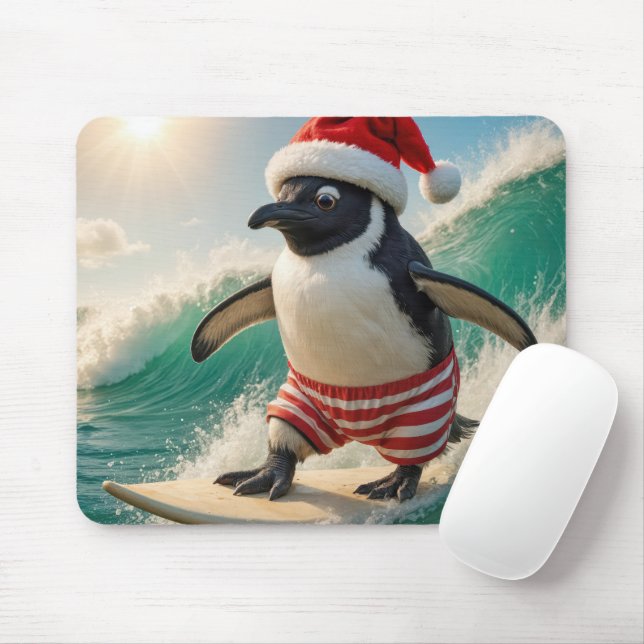 Alfombrilla De Ratón Christmas Penguin Surfing On an Ocean Wave (Con ratón)