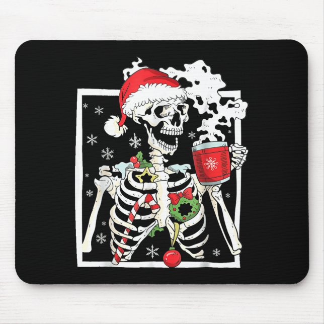 Alfombrilla De Ratón Christmas Skeleton With Smiling Skull Drinking Cof (Frente)