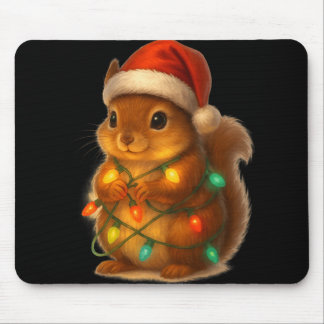 Alfombrilla De Ratón Christmas Squirrel Santa Hat Wrapped In Lights Fun