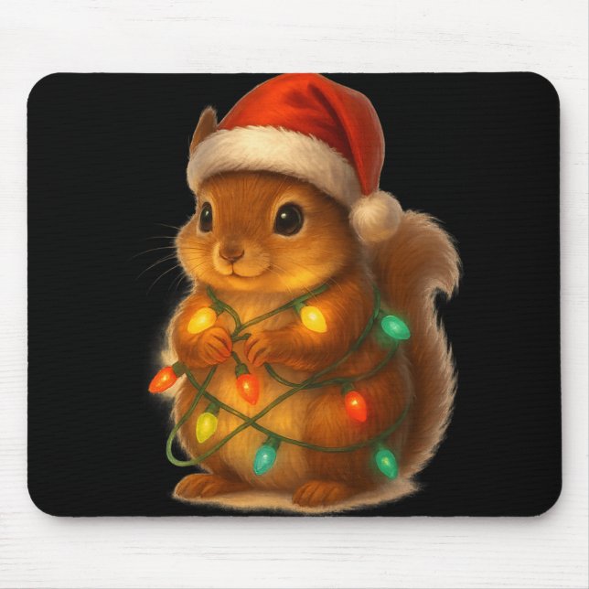 Alfombrilla De Ratón Christmas Squirrel Santa Hat Wrapped In Lights Fun (Frente)