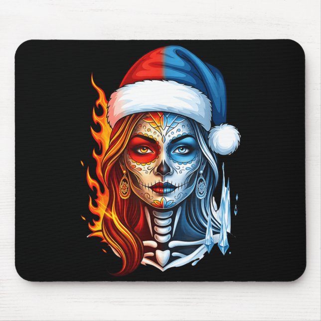 Alfombrilla De Ratón Christmas Sugar Skull Art Woman Santa Hat Fantasy  (Frente)