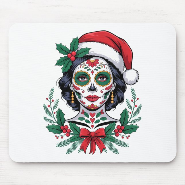 Alfombrilla De Ratón Christmas Sugar Skull Art Woman Santa Hat Festive  (Frente)