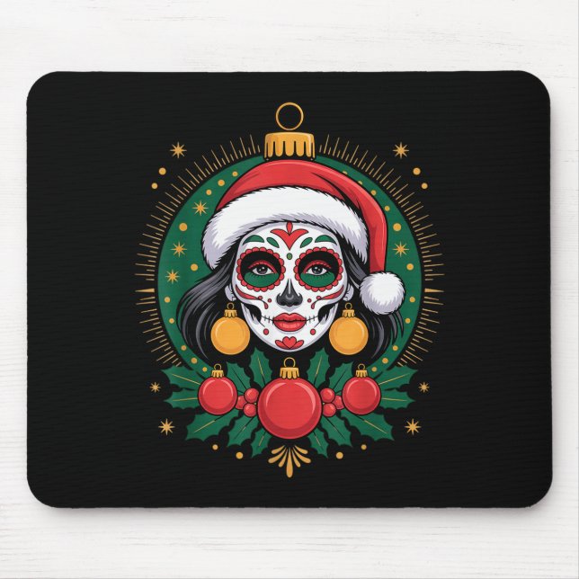 Alfombrilla De Ratón Christmas Sugar Skull Art Woman Santa Hat Festive  (Frente)